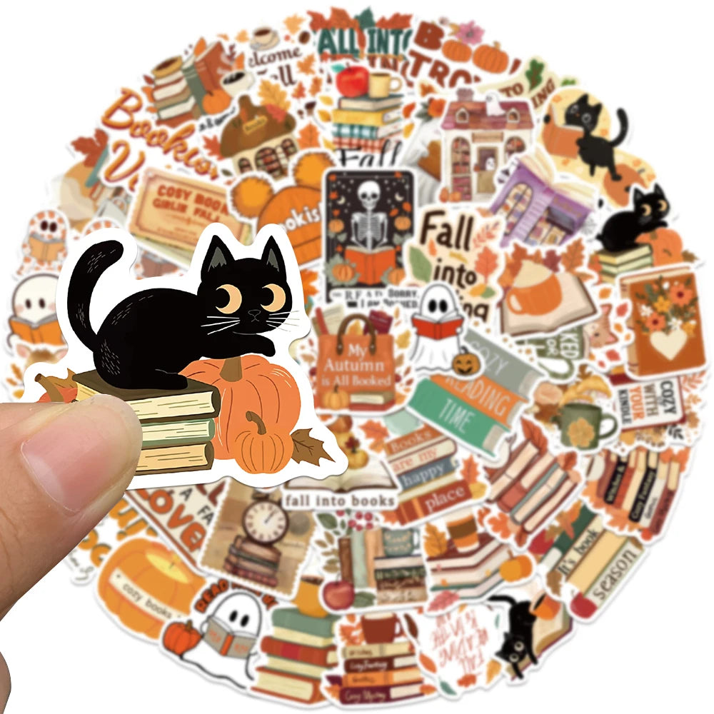 50 Adet Retro Sevimli Sonbahar Kitap Okuma Sticker Seti | Sticker Master