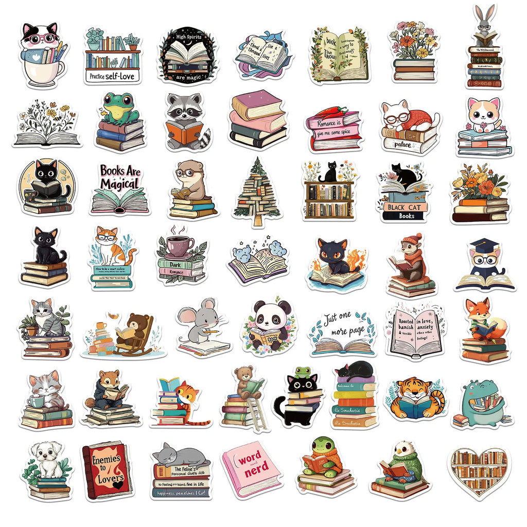 50’li Sevimli Kitap Okuyan Hayvan Sticker Seti | Sticker Master