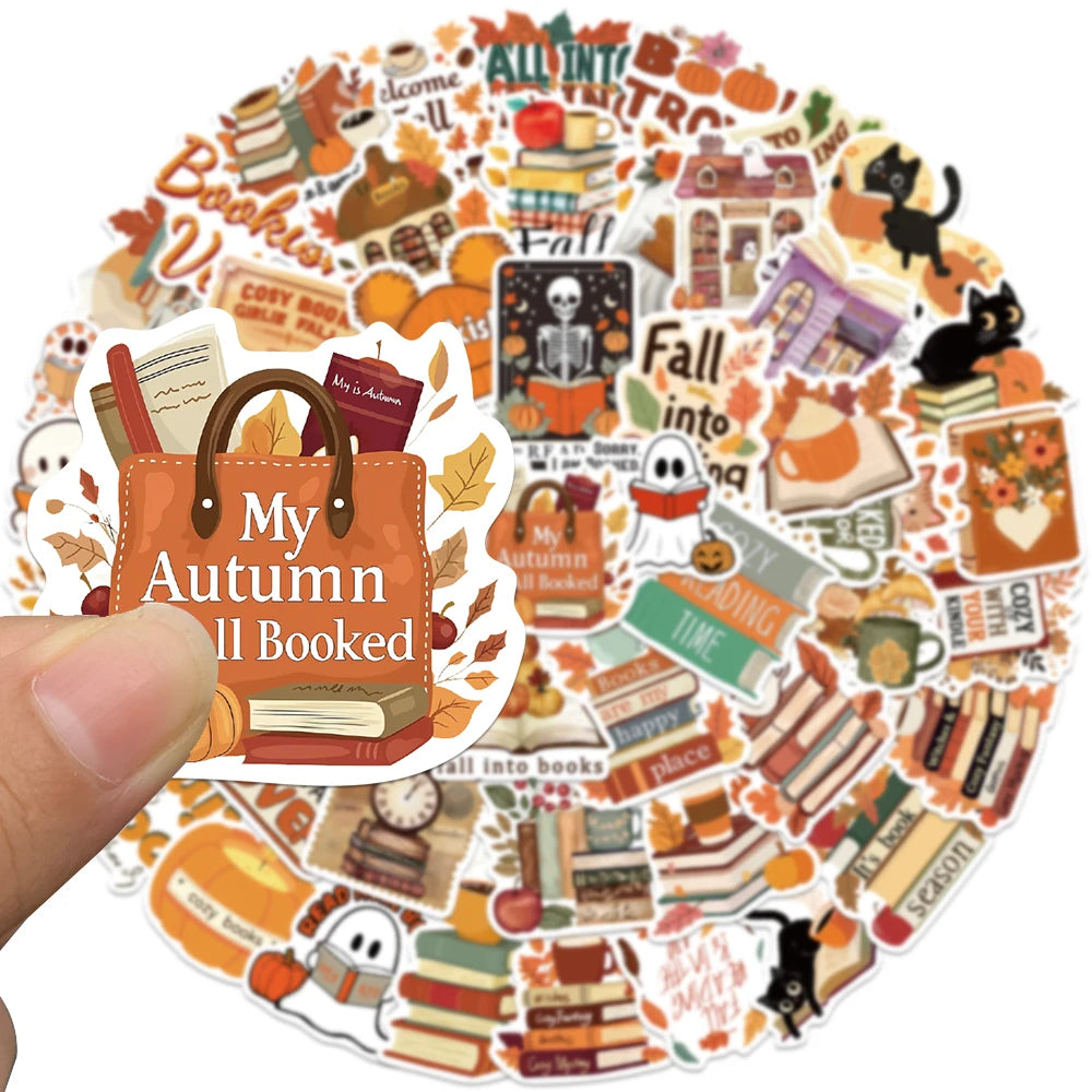 50 Adet Retro Sevimli Sonbahar Kitap Okuma Sticker Seti | Sticker Master