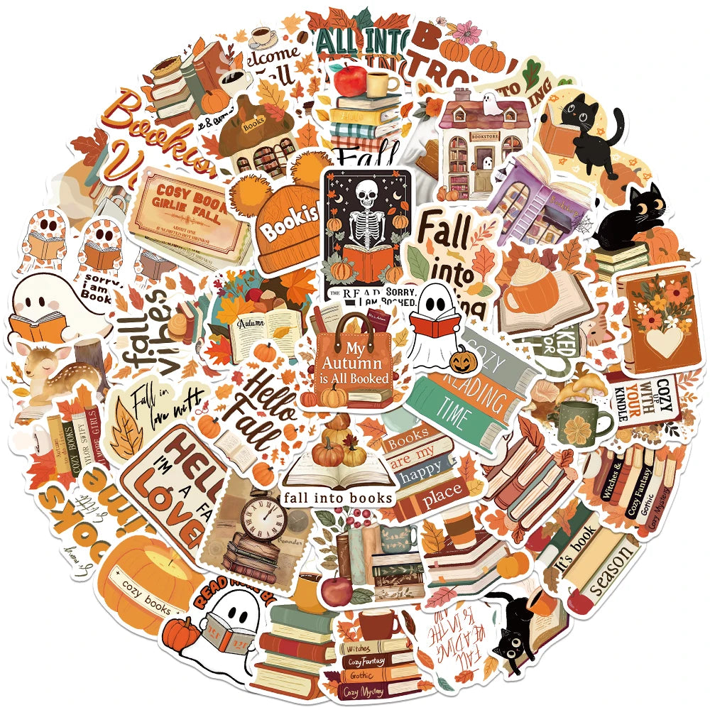 50 Adet Retro Sevimli Sonbahar Kitap Okuma Sticker Seti | Sticker Master