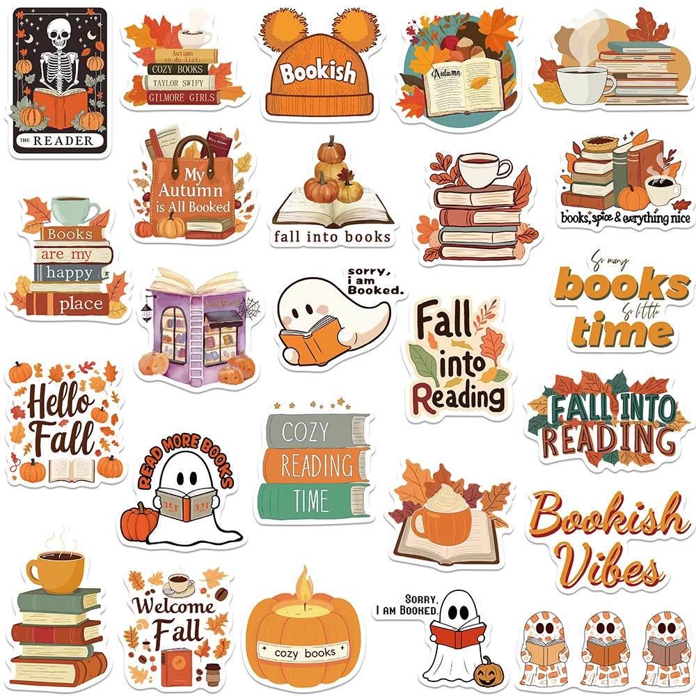 50 Adet Retro Sevimli Sonbahar Kitap Okuma Sticker Seti | Sticker Master