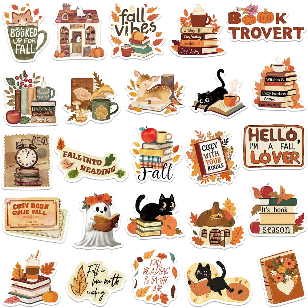 50 Adet Retro Sevimli Sonbahar Kitap Okuma Sticker Seti | Sticker Master