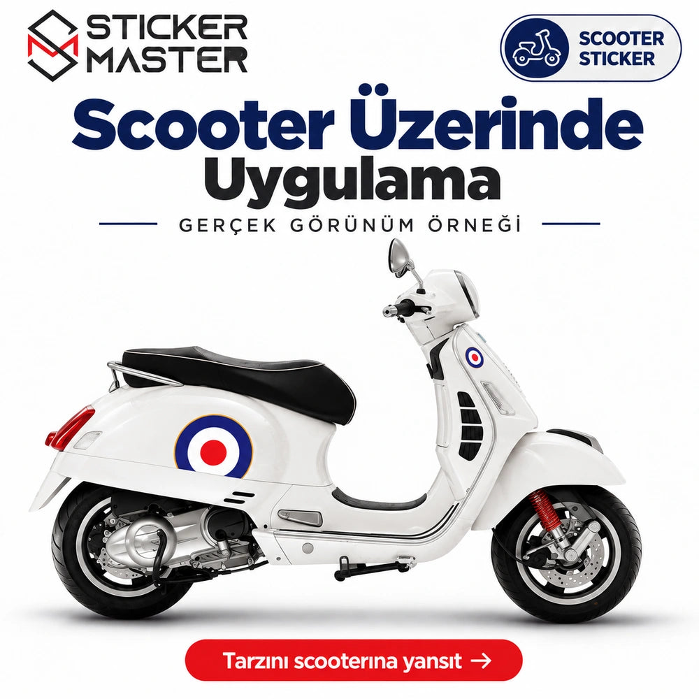 Mavi kırmızı yarım yuvarlak sticker scooter üzerinde uygulama örneği