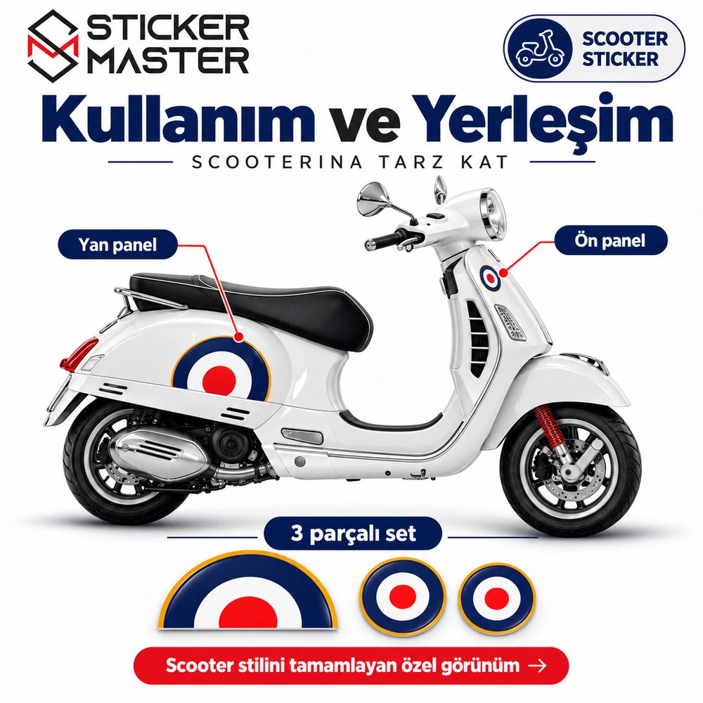 Mavi kırmızı yarım yuvarlak scooter sticker yerleşim rehberi