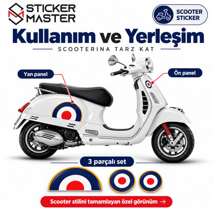 Mavi kırmızı yarım yuvarlak scooter sticker yerleşim rehberi