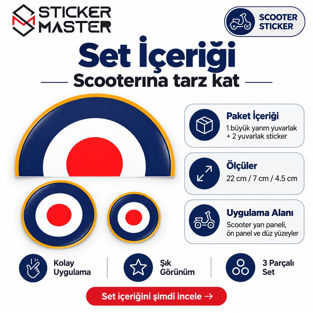 Mavi kırmızı yarım yuvarlak sticker set içeriği