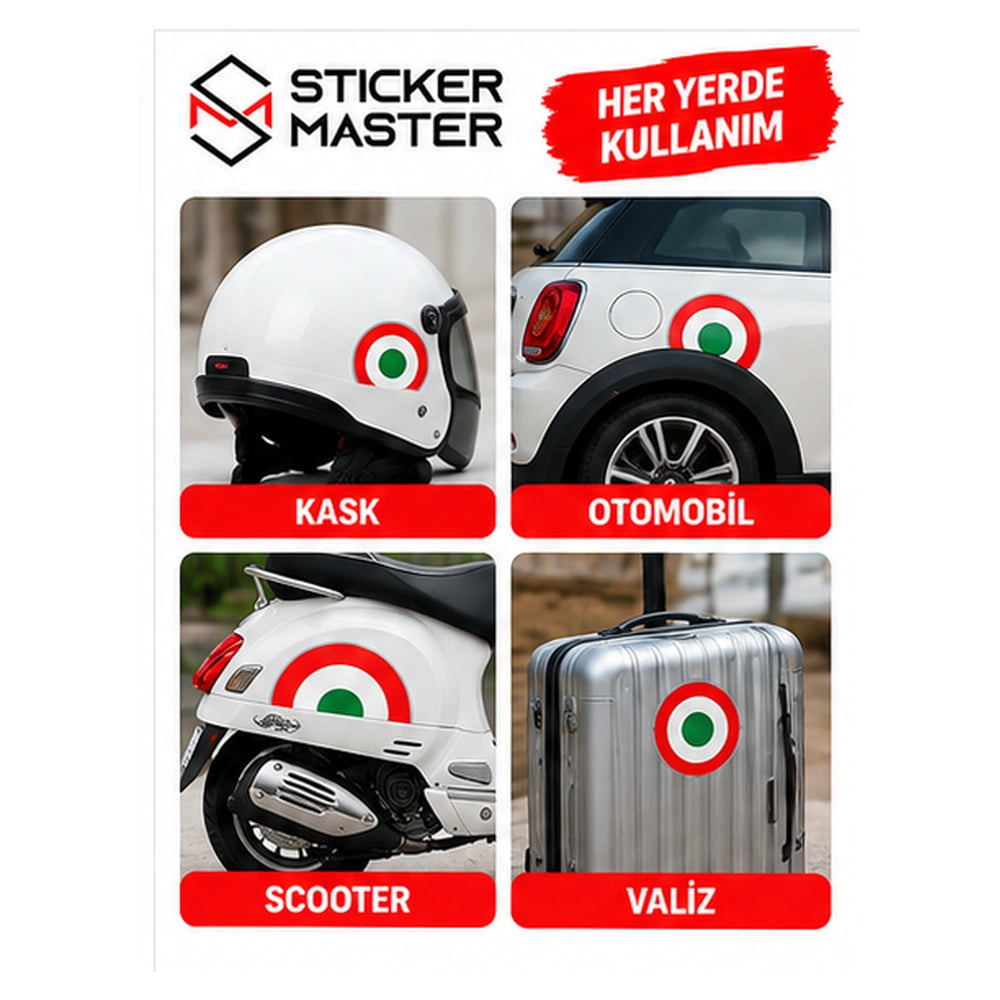 İtalya sticker scooter kask otomobil ve valiz uygulama örnekleri