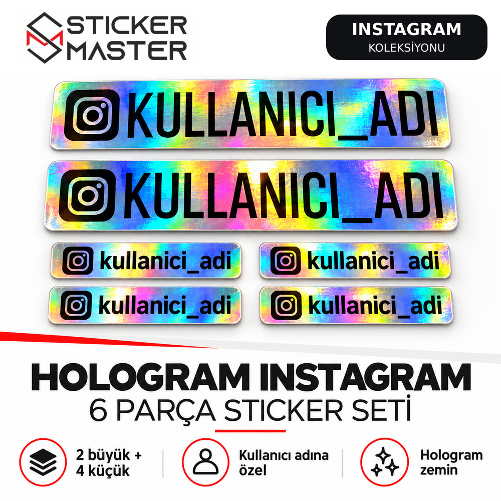 Kişiye özel hologram Instagram 6 parça sticker seti, siyah kullanıcı adı baskılı 2 büyük ve 4 küçük etiket