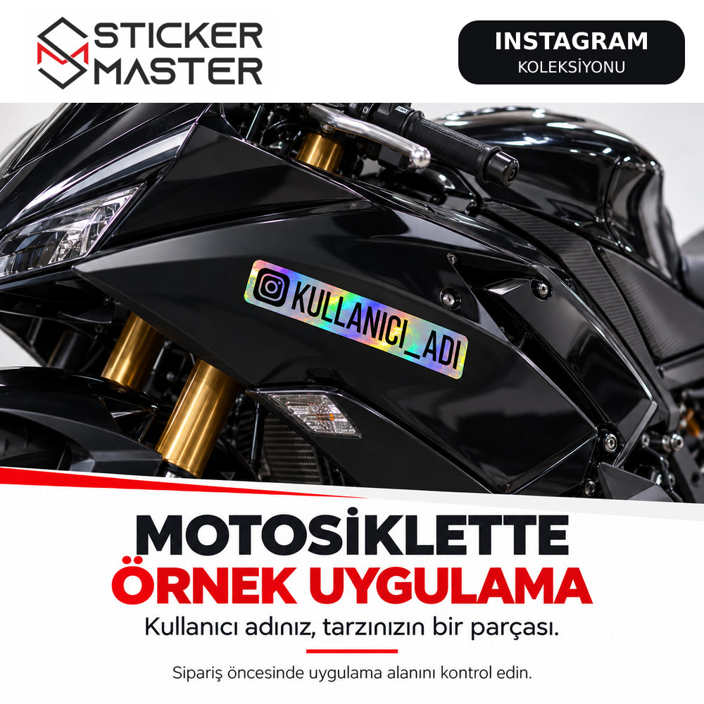 Siyah motosiklet gövdesinde hologram zeminli Instagram kullanıcı adı etiketi örnek uygulaması