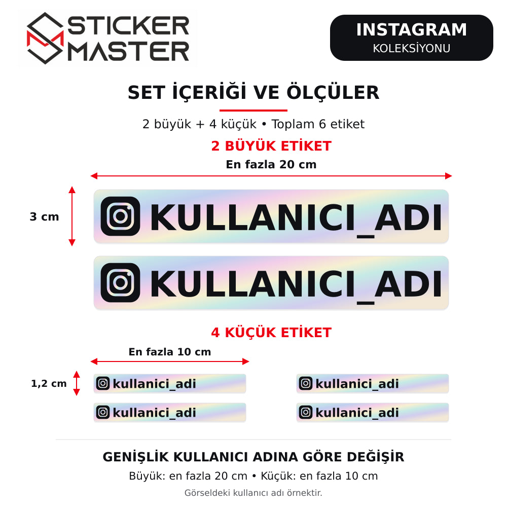 6 parça set ölçüleri: 2 büyük etiket 3 cm yüksek ve en fazla 20 cm geniş; 4 küçük etiket 1,2 cm yüksek ve en fazla 10 cm geniş