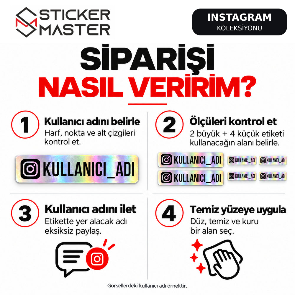 Kişiye özel Instagram hologram sticker seti için kullanıcı adı, ölçü kontrolü, sipariş ve uygulama rehberi