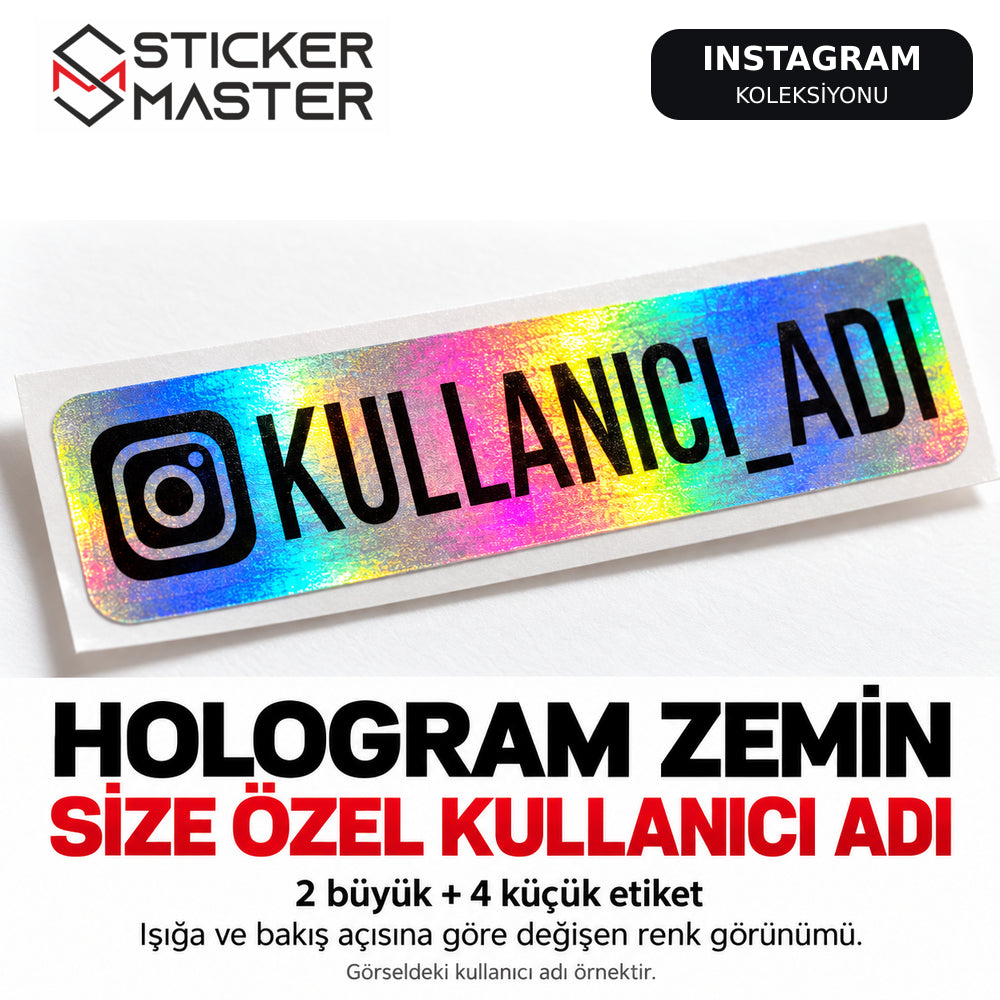 Hologram folyo üzerinde siyah Instagram kullanıcı adı baskısı, 2 büyük ve 4 küçük etiketli set detayı