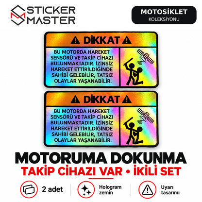 Hologram Motoruma Dokunma Takip Cihazı Var ikili uyarı etiketi seti, aynı tasarımlı 2 adet sticker