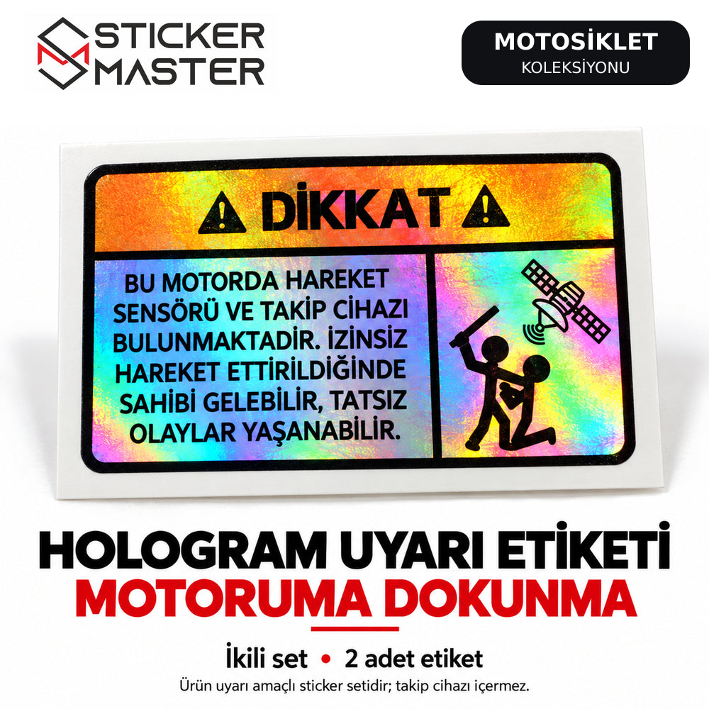 Motoruma Dokunma hologram uyarı etiketi baskı detayı; ikili set 2 adet sticker içerir