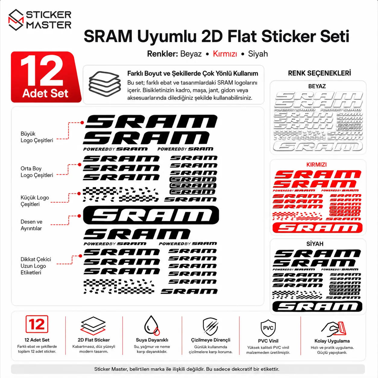 SRAM Uyumlu 2D Flat Sticker Seti 12 Adet Detaylar