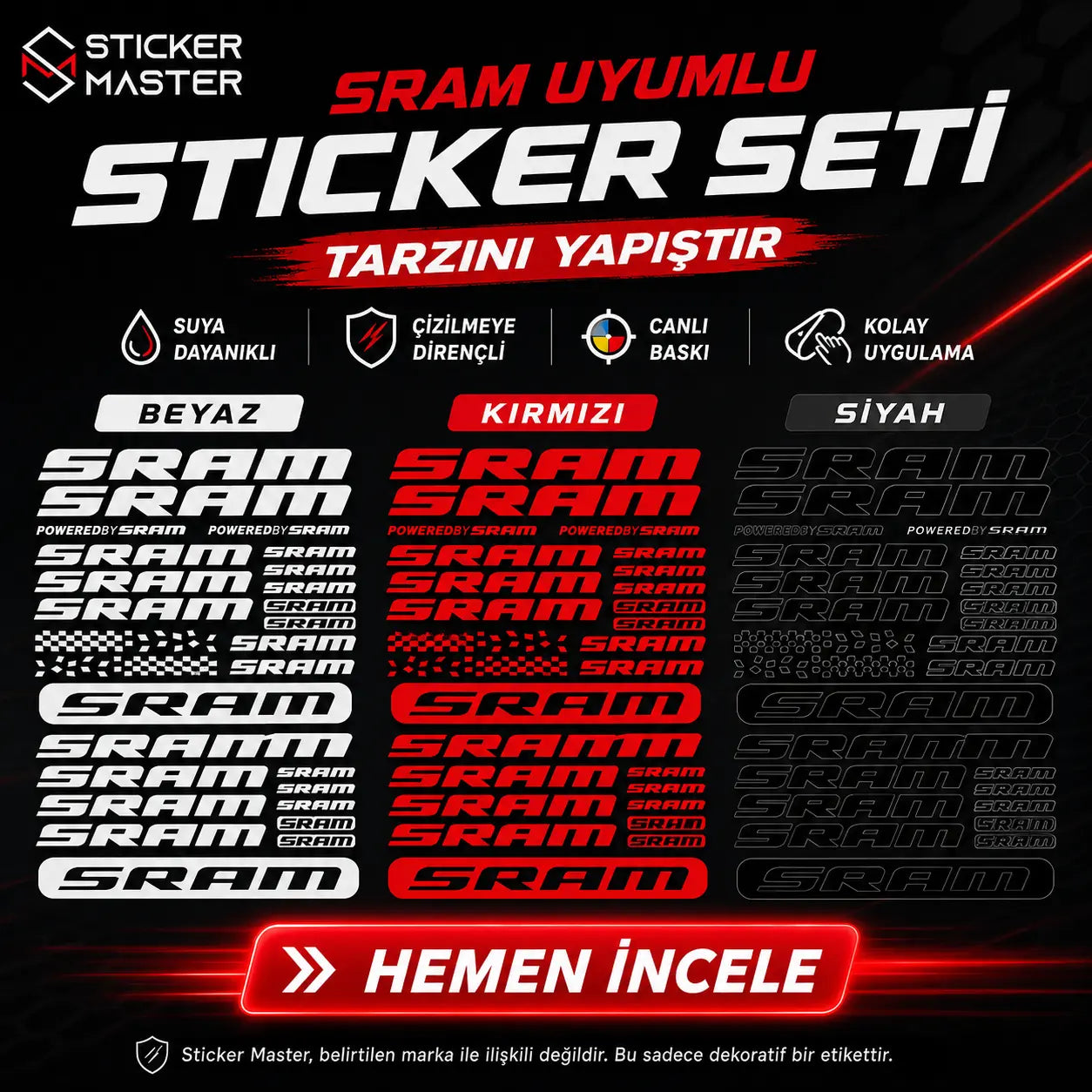 SRAM Uyumlu 2D Flat Sticker Seti 12 Adet Reklam