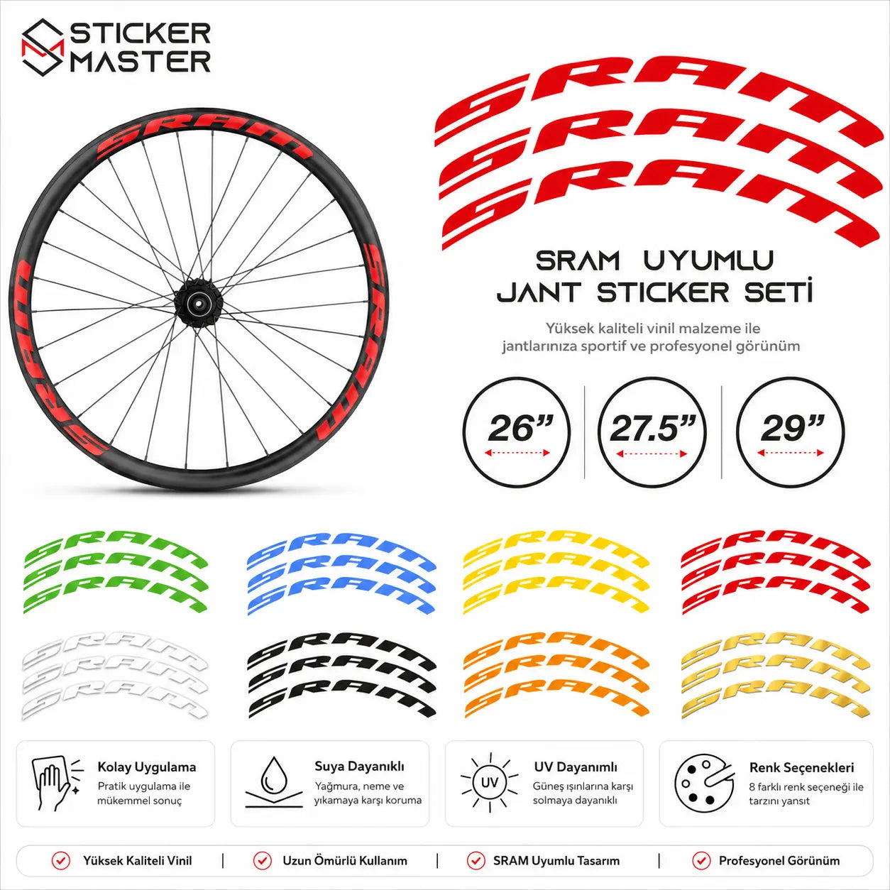 SRAM Uyumlu Bisiklet Jant Sticker Seti 12 Adet Açıklama