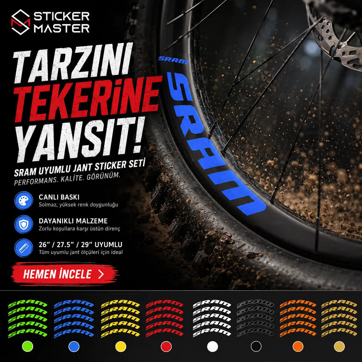 SRAM Uyumlu Bisiklet Jant Sticker Seti 12 Adet Ads