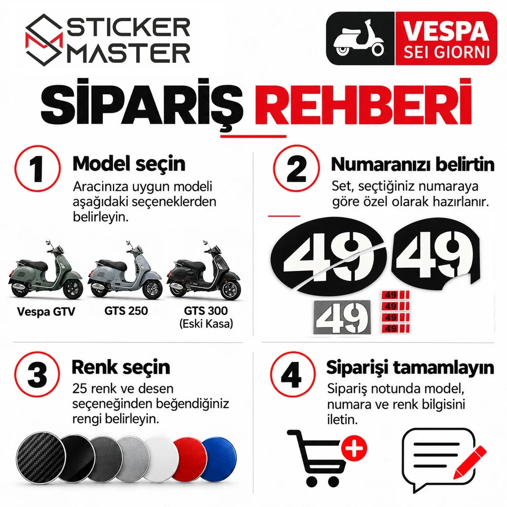 Vespa numara sticker model, özel numara ve renk seçimi sipariş rehberi
