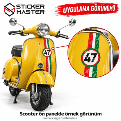 Kişiye özel numaralı şerit sticker sarı retro scooter uygulama örneği