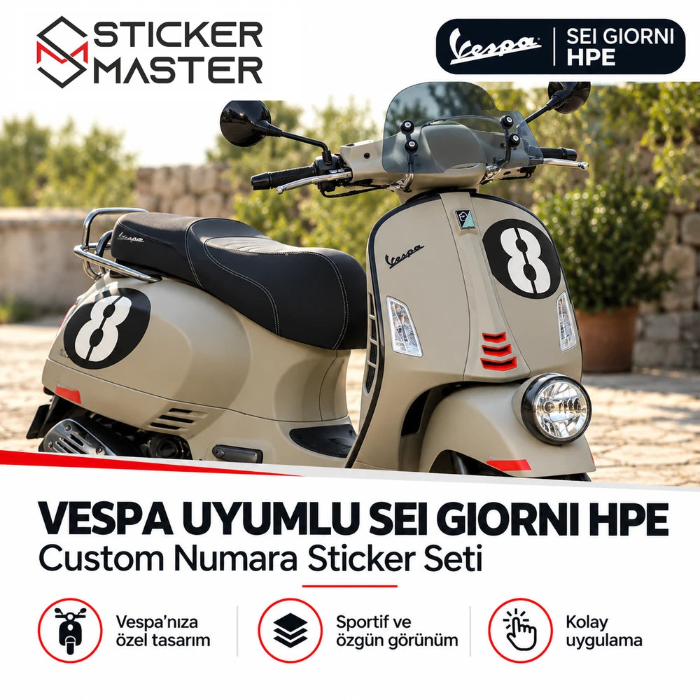 Vespa Sei Giorni HPE scooter üzerinde 8 numara sticker uygulaması örnek görünüm