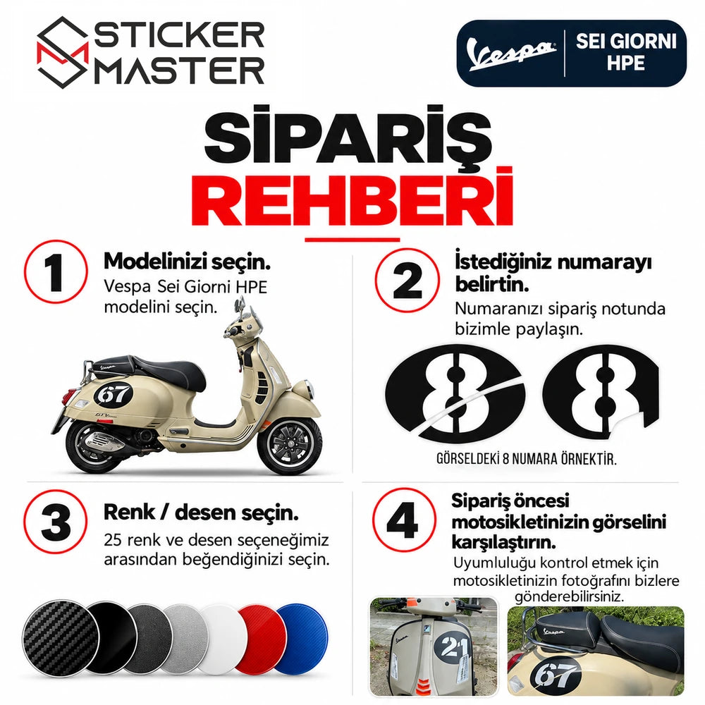 Vespa Sei Giorni HPE custom numara sticker model numara renk seçimi sipariş rehberi