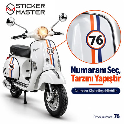 Vespa uyumlu turuncu beyaz lacivert yarış stili şerit sticker numara kişiselleştirilebilir