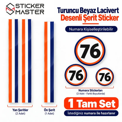 Vespa yarış şeridi tam set 2 yan şerit 1 ön şerit ve 3 numara stickerı