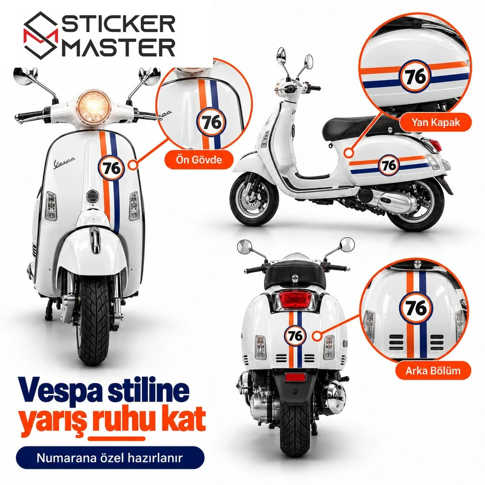 Vespa turuncu beyaz lacivert şerit sticker ön gövde yan ve arka uygulama alanları