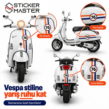 Vespa turuncu beyaz lacivert şerit sticker ön gövde yan ve arka uygulama alanları