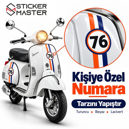 Vespa yarış stili turuncu beyaz lacivert şerit kişiye özel numara yakın plan