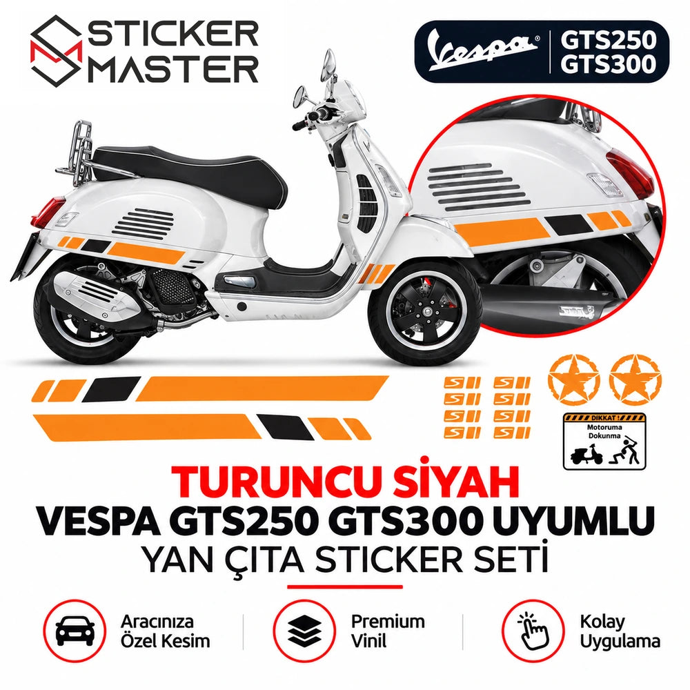 Turuncu siyah Vespa GTS250 GTS300 uyumlu yan çıta sticker seti; ürün parçaları ve uygulama detayları