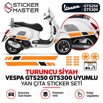 Turuncu siyah Vespa GTS250 GTS300 uyumlu yan çıta sticker seti; ürün parçaları ve uygulama detayları