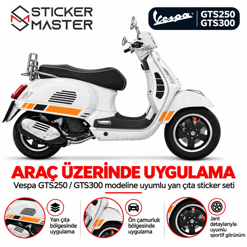 Vespa GTS250 GTS300 üzerinde turuncu siyah yan çıta sticker uygulama görseli