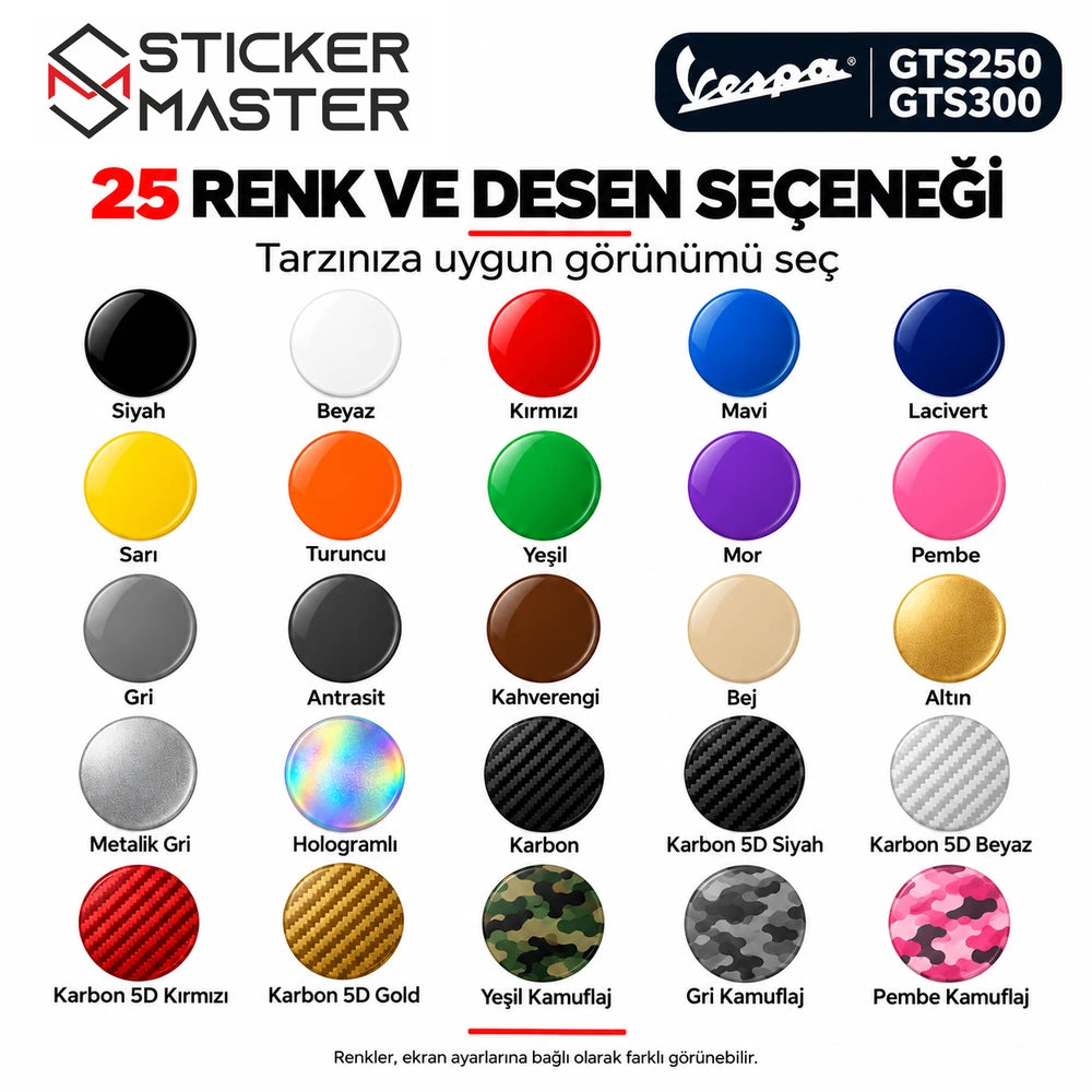 Vespa yan çıta sticker için 25 renk ve desen seçeneği, Türkçe renk adları