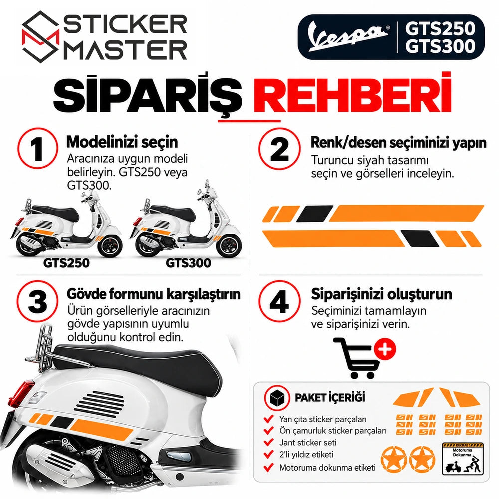 Turuncu siyah Vespa GTS250 GTS300 sticker seti model ve renk seçimi sipariş rehberi