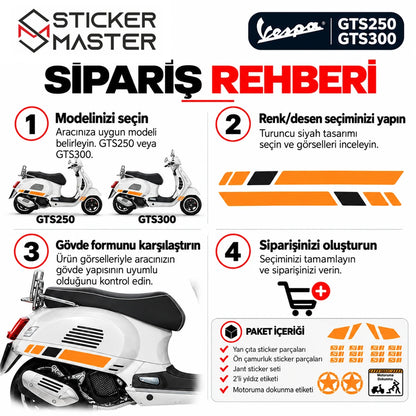 Turuncu siyah Vespa GTS250 GTS300 sticker seti model ve renk seçimi sipariş rehberi