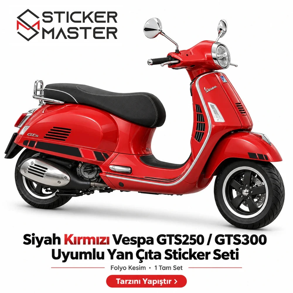 Vespa GTS250 GTS300 siyah kırmızı yan çıta sticker seti ana görsel