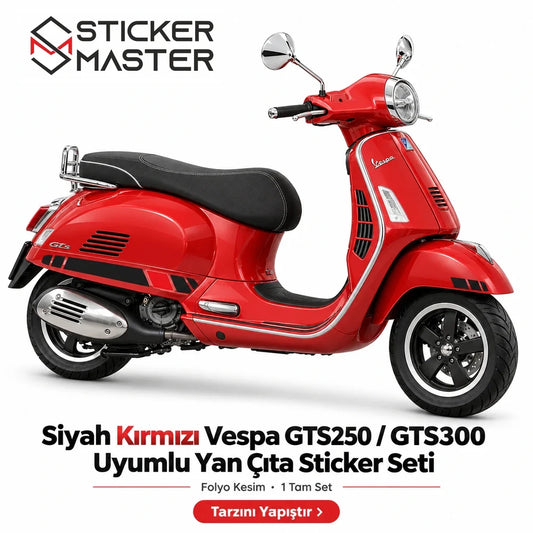 Vespa GTS250 GTS300 siyah kırmızı yan çıta sticker seti ana görsel