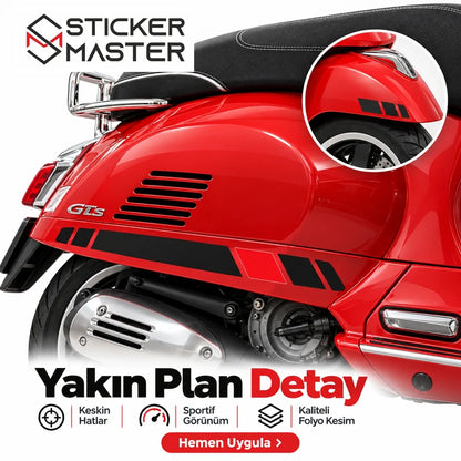 Vespa GTS250 GTS300 siyah kırmızı folyo kesim yan çıta yakın plan
