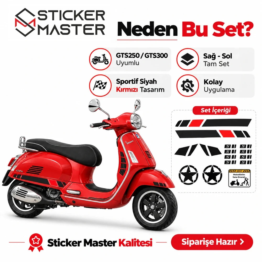 Vespa GTS250 GTS300 siyah kırmızı yan çıta seti parça içeriği ve uyumluluk