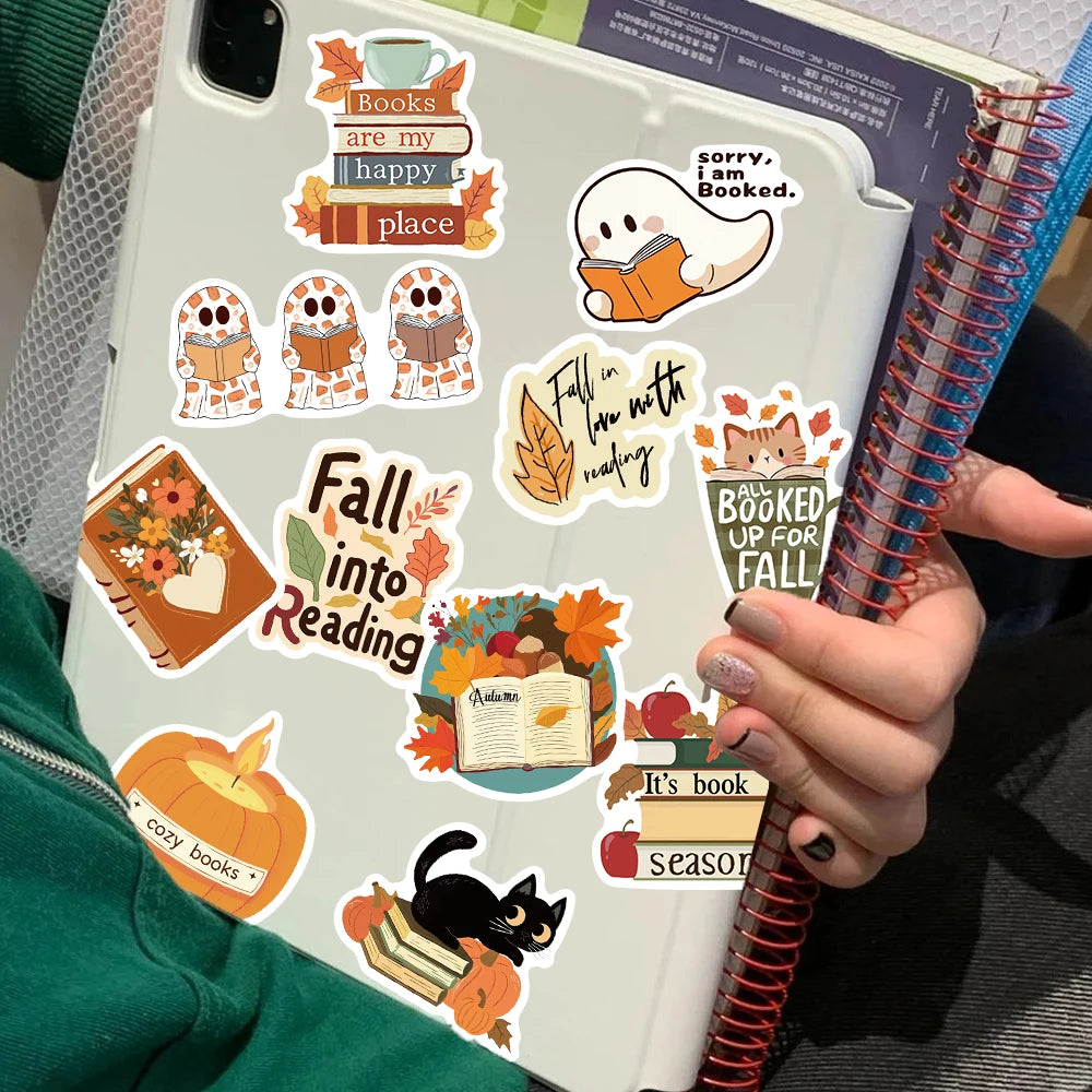 50 Adet Retro Sevimli Sonbahar Kitap Okuma Sticker Seti | Sticker Master