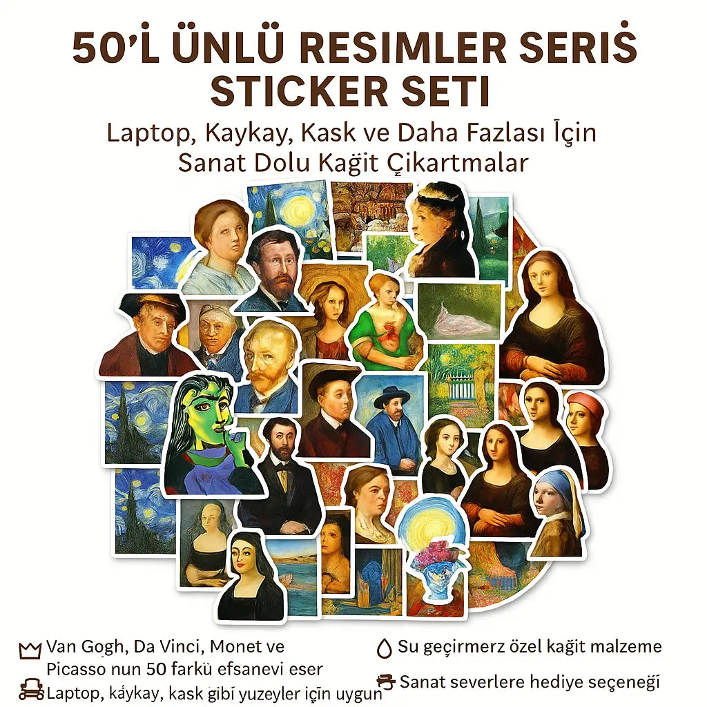 Sticker Master 50’li Ünlü Resimler Sanat Serisi Sticker Seti Laptop, Kaykay, Kask ve Daha Fazlası İçin Sanat Dolu Kağıt Çıkartmalar - Sticker Master