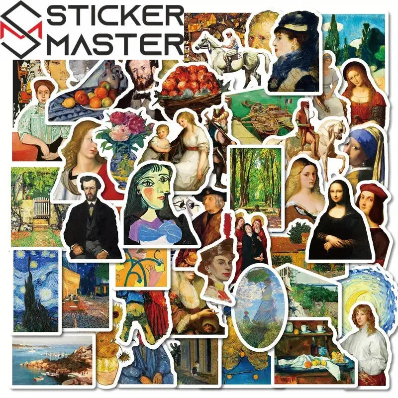 Sticker Master 50’li Ünlü Resimler Sanat Serisi Sticker Seti Laptop, Kaykay, Kask ve Daha Fazlası İçin Sanat Dolu Kağıt Çıkartmalar - Sticker Master