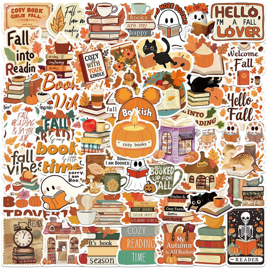 50 Adet Retro Sevimli Sonbahar Kitap Okuma Sticker Seti | Sticker Master