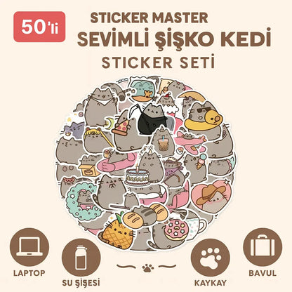 Sticker Master 50’li Sevimli Şişko Kedi Sticker Seti Laptop, Su Şişesi, Kaykay ve Daha Fazlası İçin Renkli PVC Etiketler - Sticker Master