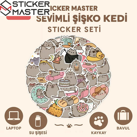 Sticker Master 50’li Sevimli Şişko Kedi Sticker Seti Laptop, Su Şişesi, Kaykay ve Daha Fazlası İçin Renkli PVC Etiketler - Sticker Master