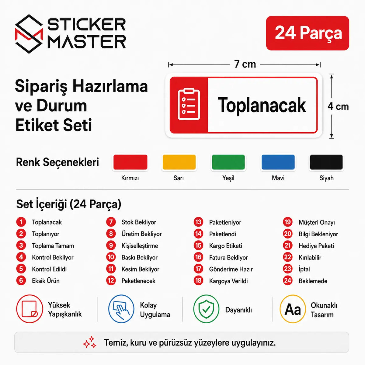 Siparis Hazirlama ve Durum Etiket Seti 24 Parca icerik