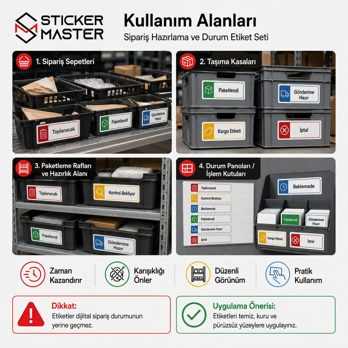 Siparis Hazirlama ve Durum Etiket Seti 24 Parca kullanim alanlari
