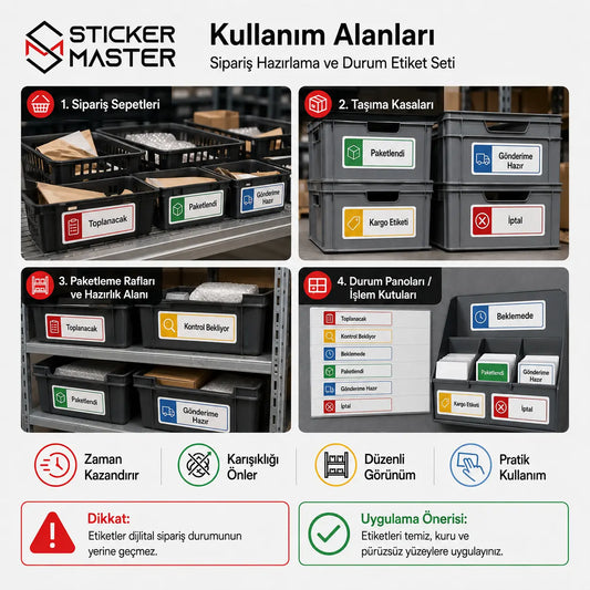 Siparis Hazirlama ve Durum Etiket Seti 24 Parca kullanim alanlari